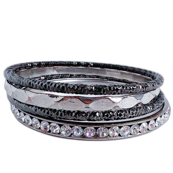 Anthropologie Jewelry - Silver and Gunmetal Black Bangle Set Distressed Grunge Boho